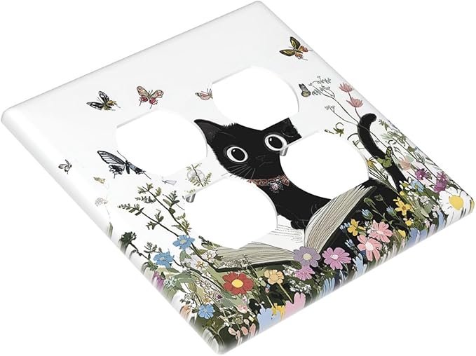 Outlet Covers Cute Cat Wildflowers Boho Flowers Floral 2 Gang Double Duplex Decorative Light Switch Covers Electrical Wallplates Socket Faceplate For Nursery Kids Room Decor