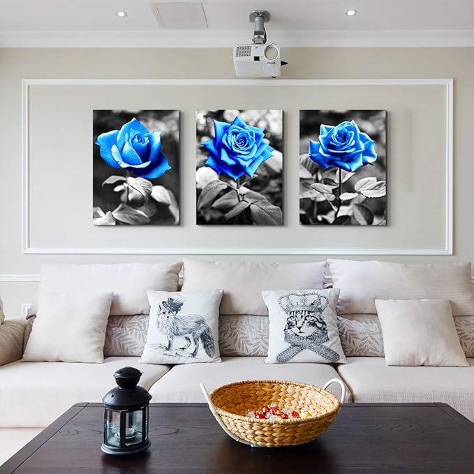 DZRWUBHS Large Wall Art For Living Room Wall Decor For Kitchen Black And White Canvas Prints Pictures Artwork Blue Rose Flowers Wall Paintings Modern Office Bedroom Room Home Decorations 3 Pieces