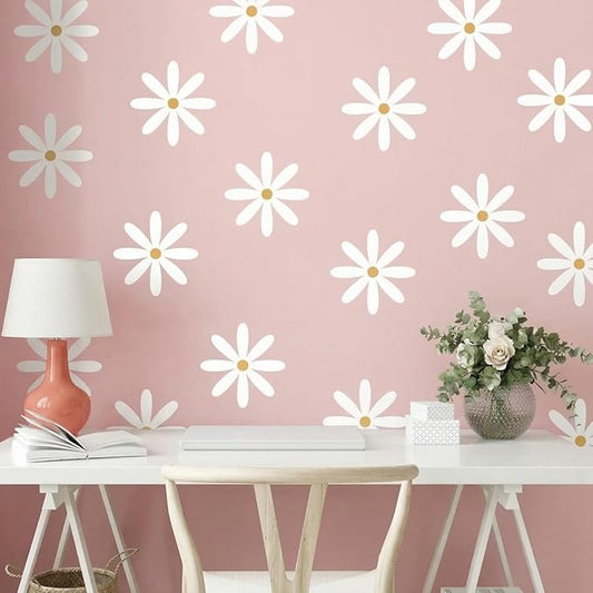 TaoBary 12 Sheet Daisy Wall Sticker Decal Removable Cute Daisy Bedroom Room Decor Flower Wall Sticker Pink White Flower Decal Wallpaper Peel and Stick for Nursery Home(White, Yellow,Fresh Style)