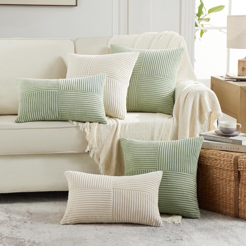 Fancy Homi 2 Packs Sage Green Decorative Throw Pillow Covers 20x20 Inch for Living Room Couch Bed Sofa, Farmhouse Boho Home Decor, Soft Corss Corduroy Patchwork Accent Square Cushion Case 50x50 cm
