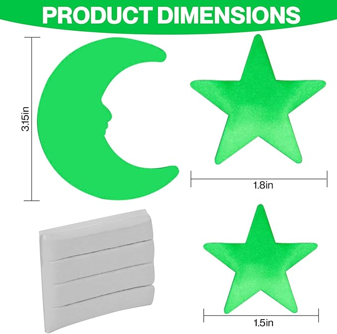 OIG Brands 100 PK Green Glow in The Dark Stars for Ceiling Easter Basket Stuffers for Kids - Star Brite Plastic Glow Stars with Moon & Putty Ages 4,5,6,7,8,9,10,11,12 for Bedroom Space Night Light