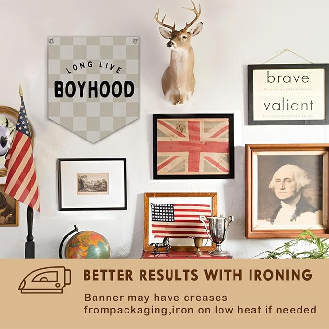 Lacama Long Live Boyhood Banner Boys Room Decor, Boy Nursery Decor, Brown Checkered Linen Banner Wall Hanging Banner Flag for Boys Bedroom Decor Toddler Boy Room Nursery 12x14 lnch