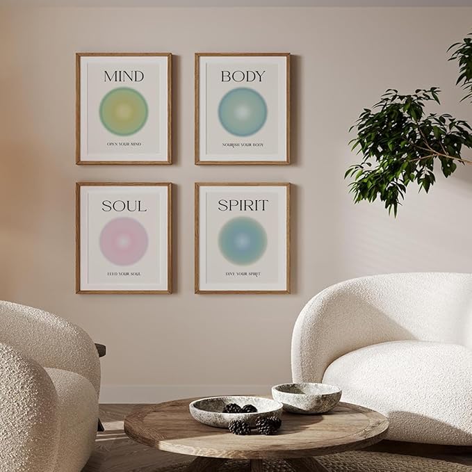 PLKMN Mind Body Soul Spirit Wall Art Prints,Energy Spiritual Positive Aura Posters For Room Aesthetic, Colorful Aura Poster Energy Wall Art for Bedroom Yoga 8x10 Inch Set of 4 Unframed