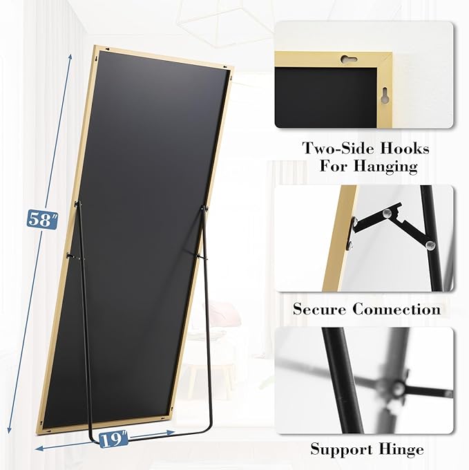 DUMOS Full Length Mirror with Stand, 58"x19" Floor Mirror with Aluminum Alloy Frame for Bedroom, Standing Full Body Mirror with Shatter-proorf Nano Glass for Wall, Living Room, Cloakroom, Gold