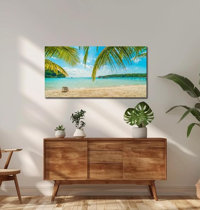 Beach Wall Art Decor Tropical Ocean Canvas Picture for Living Room Blue Seascape Painting for Bedroom Coastal Theme Landscape for Home Office Decorations Ready to Hang(20"*40")