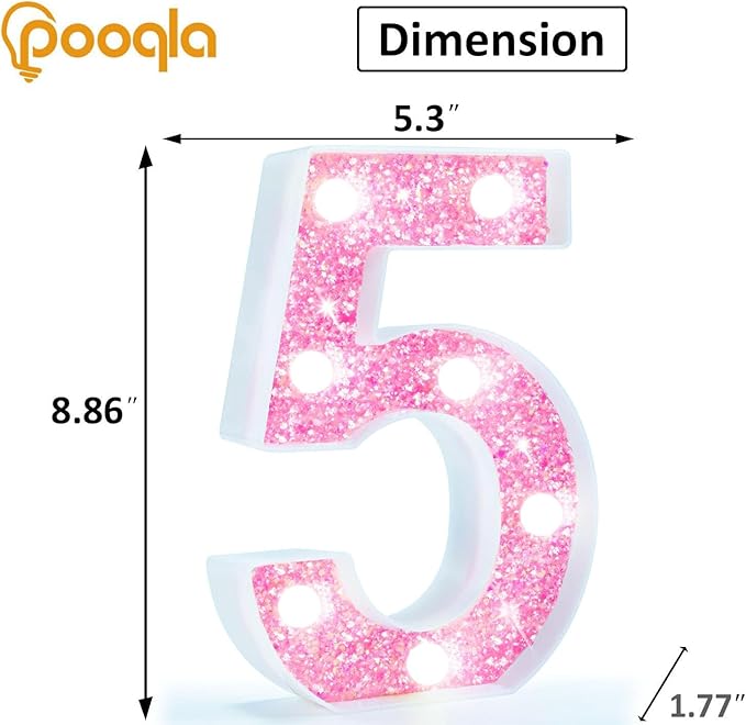 Pooqla Marquee Number Lights, Pink Light Up Numbers for Girls 5th Birthday, Battery Powered Glitter Number Night Light Gift for Wedding Christmas Bedroom Dorm Party Decoration, Cool White Number 5
