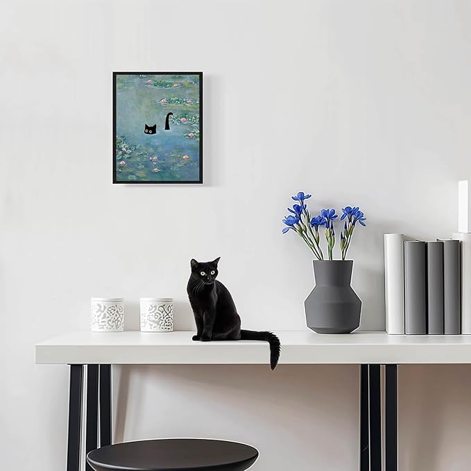 Hamduker Funny Black Cat Wall Art, Monet Art Water Lily Cat Wall Art Decor, Preppy Aesthetic Cat Posters for Bedroom Bathroom Living Room (Size: 11'' x 14''x1pcs)