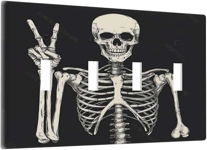 Light Switch Covers Skeleton Skull Boho Hippie Dark Background Quad Toggle Electrical Faceplate 4 Gang Wall Plate Decorative Switch Plates For Cabin Office Decor