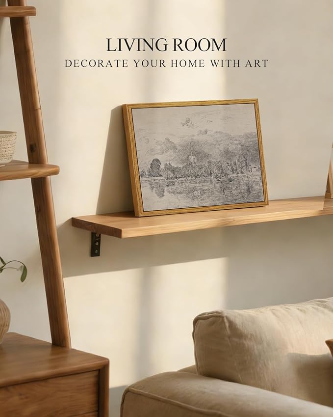 InSimSea Framed Canvas Print Art, Vintage Sketch Church lakeside Landscape Painting, Rustic Farmhouse Cottage Decor for Hallway Wall Floating Shelf Desk Vanity Fireplace,10x8 in, Neutral Tones