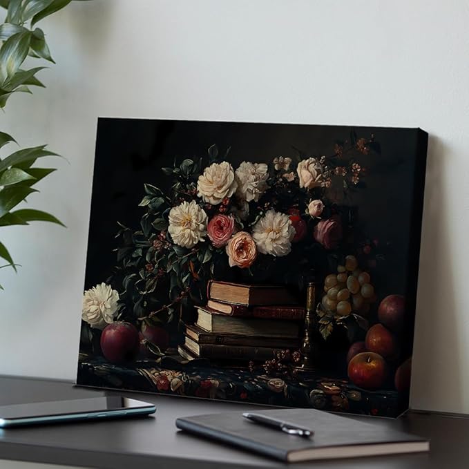 Vintage Books Flowers Wall Art Decor Dark Academia Canvas Print Poster Aesthetic Framed Painting Wall Decorations for Home Farmhouse Living Room Decor 8x10 Inch