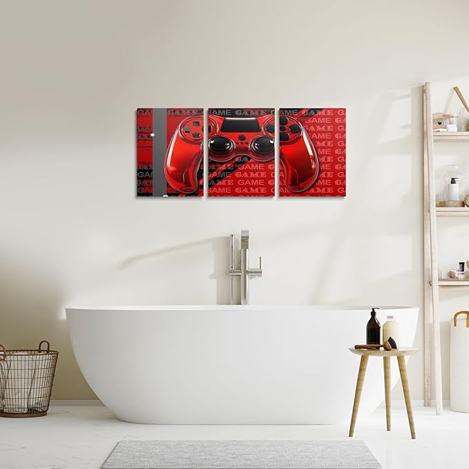 Feelyou Gamer Canvas Wall Art 12" x 16" 3 Piece Game Controller Office Wall Artwork Posters for Teens Adults Gaming Gifts Bathroom Wall Art for Home Gamepad Red and Black Wall Painting