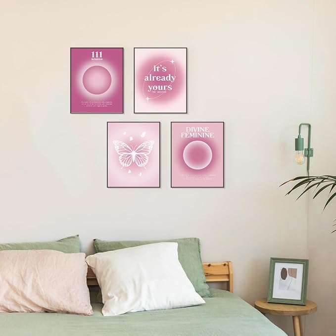 PLKMN Y2K Posters Set of 4, Pink Aura Energy Wall Decor, Gradient Feminine Art Prints for Girls Bedroom, Dorm Room Decoration, 8x10 Inch, Unframed