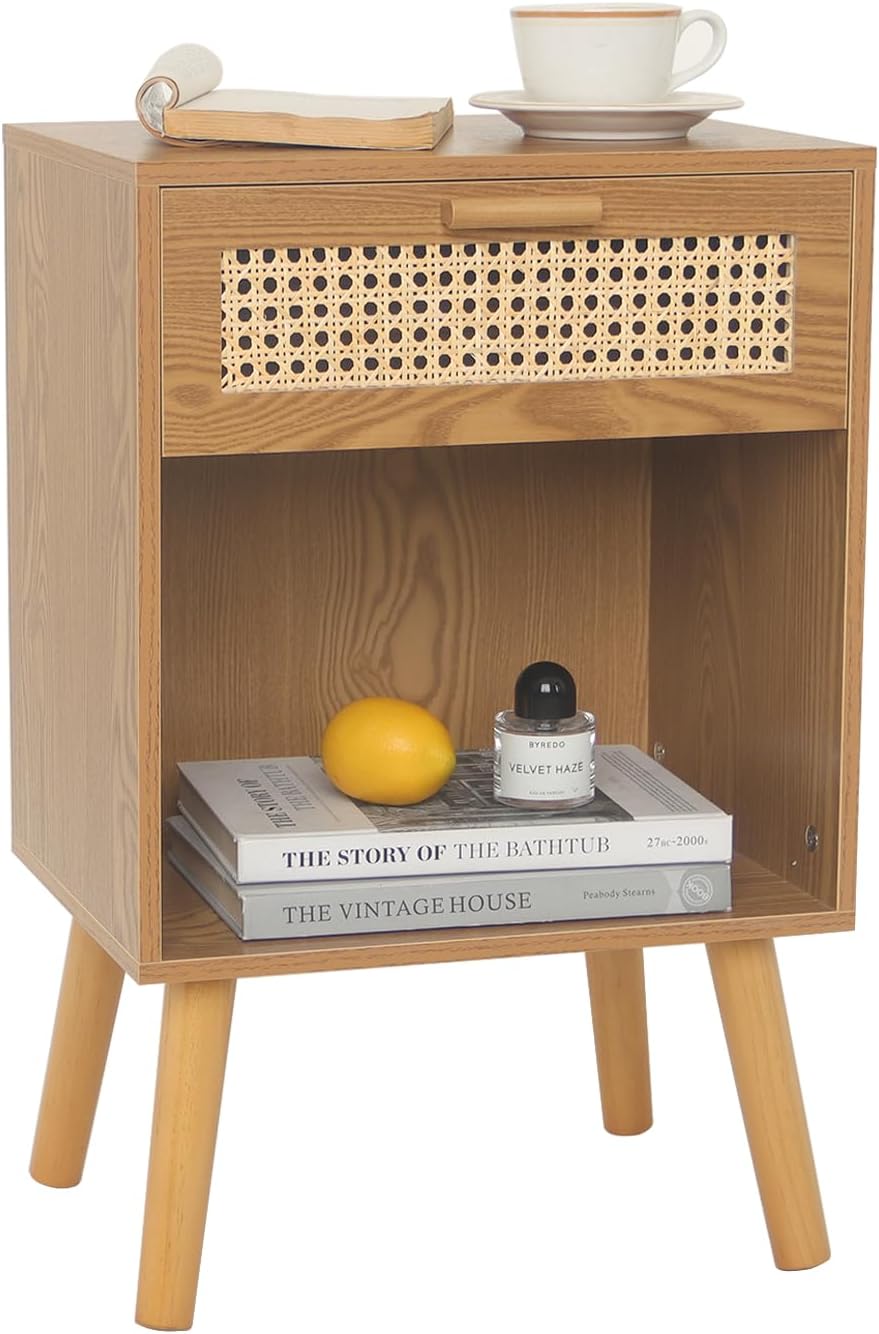 Mid Century Modern Nightstand, Rattan Bedside Table with Drawer and Open Shelf, Wood Nightstand Modern Side Table for Living Room, Bedroom and Small Space, Brown