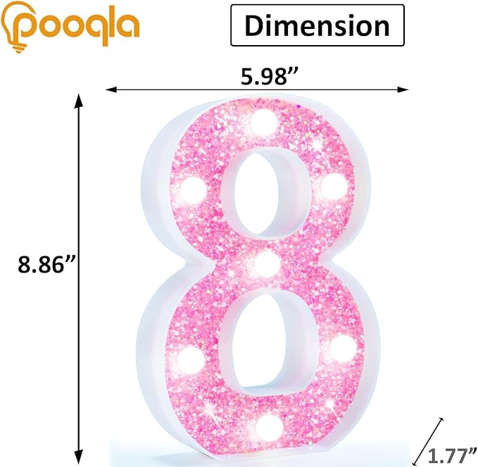 Pooqla Marquee Numbers, Pink Light Up Numbers for Girls 8th Birthday, Battery Powered Glitter Number Night Light Gift for Christmas Bedroom Dorm Room Party Decoration, Cool White Number 8