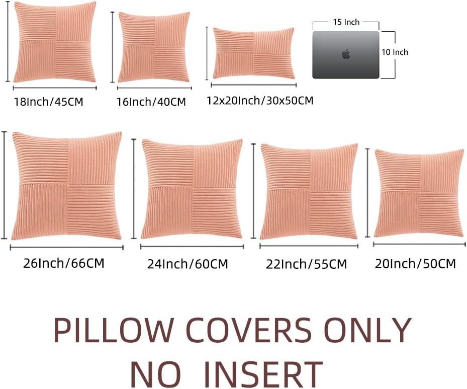 Fancy Homi 2 Packs Coral Decorative Throw Pillow Covers 16x16 Inch for Living Room Couch, Rustic Farmhouse Boho Home Decor, Soft Corss Patchwork Corduroy Textured Square Peach Cushion Case 40x40 cm