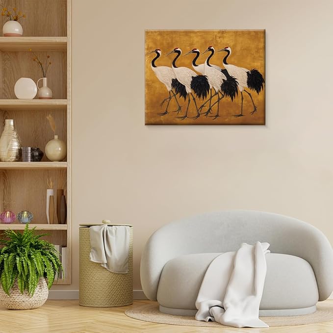 Vintage Crane Canvas Wall Art Print Japanese Cranes Picture Painting Artwork Aesthetic Wall Decor for Home Living Room Bedroom 8x10 Framed