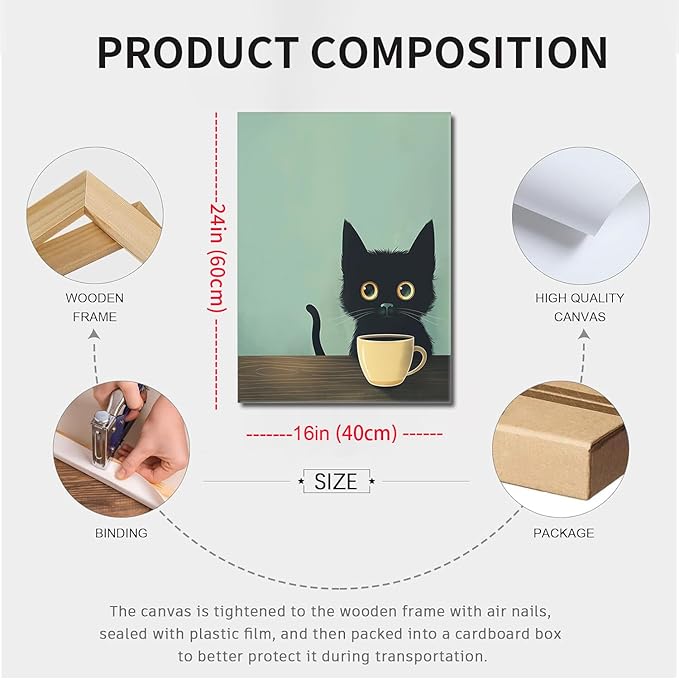 Yaneiro Framed Fun Black Cat Wall Art Abstract Drinking Coffee Picture Cute Retro Black Cat Wall Decor Canvas Poster Print Suitable for Cafe Bar Living Room Restaurant Bedroom 16x24 Inch