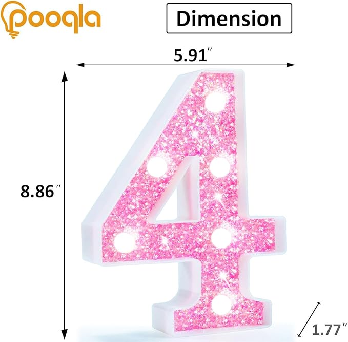 Pooqla Marquee Number Lights, Pink Light Up Numbers for Girls 4th Birthday, Battery Powered Glitter Number Night Light Gift for Wedding Christmas Bedroom Dorm Party Decoration, Cool White Number 4