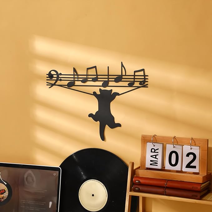 Otoolling Cat Playing Music Wall Decor Metal Black Cat Wall Art Hanging Signs Home Decor for Living Room Bedroom Bathroom Office Cats Lover Gifts(Classic,10.04 x 13.78 in)