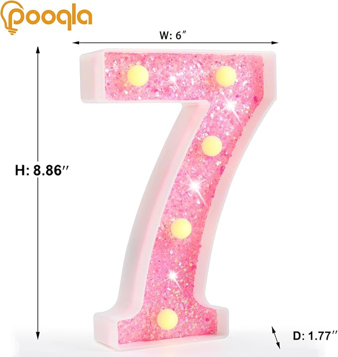 Pooqla Marquee Numbers, Pink Light Up Numbers for Girls 7th 17th Birthday, Battery Powered Glitter Number Night Light Gift for Christmas Bedroom Dorm Classroom Party Decoration, Pink Number 7