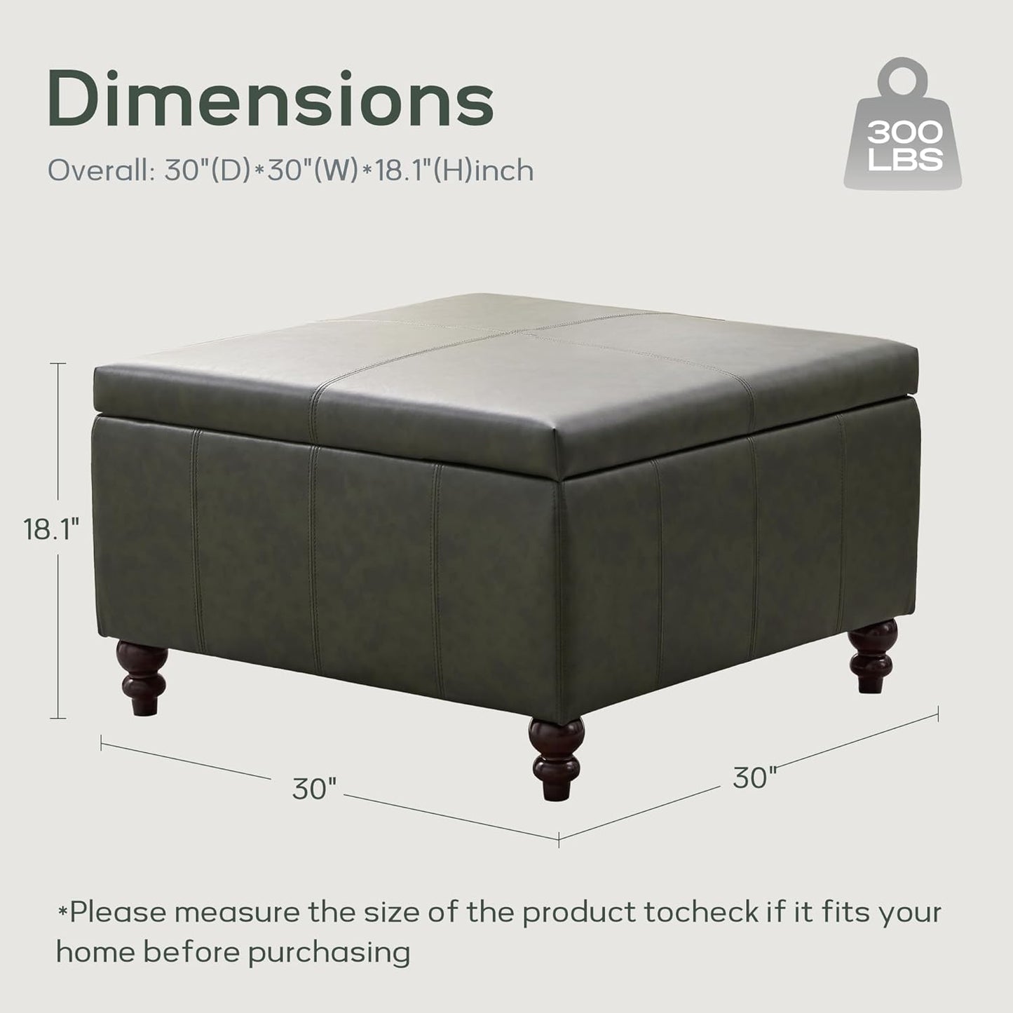 HUIMO Square Leather Storage Ottoman,Ottoman Coffee Table with Storage for Living Room (Vintagegreen)