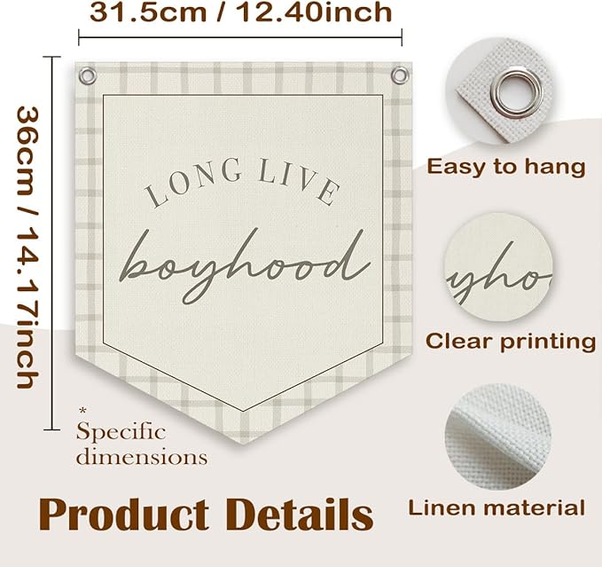 Lacama Long Live Boyhood Banner Vintage Baby Boy Nursery Decor, Baby Boy Room Decor, Vintage Wall Hanging Flag Decor for Nursery Playroom Toddler Room, Boys Room Decor 12x14 lnch