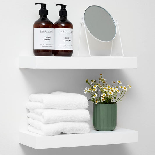 Homeforia White Floating Shelves 16 inch, High End Solid Real Wood 16inch Bathroom Floating Shelf for Wall Mounted, White Wooden 16 Floating Shelves, Heavy Duty Bracket, 16 X 6.5 X 1.75 inch, Set of 4