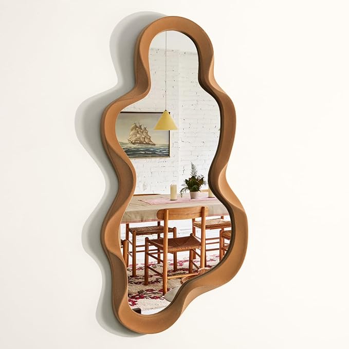 Wavy Mirror Wall Decor for Girly Bedroom, 13.8x29.9 Cute Abstract Decorative Mirrors for Modern Apartment Nursery Room Decoration, Large Hanging Wall Art Above Dresser Desk Table Decor (Brown)