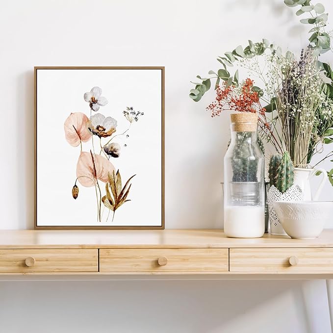 Set of 2 Watercolor Botanical Plant Picture Pink White Flower Canvas Wall Art Colorful Wildflower Poster Minimalist Floral Wall Decor Framed for Bedroom Living Room Home Office Decoration, 11x14 Inch