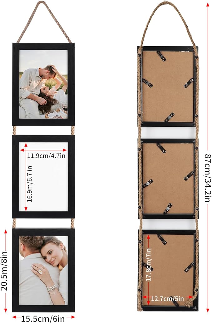 QUTREY 5x7 Collage Picture Frames Black, 6 Openings Vertical Hanging Photo Frame Set Display 5 by 7 inch Pictures for Wall Decor, 2 Pack