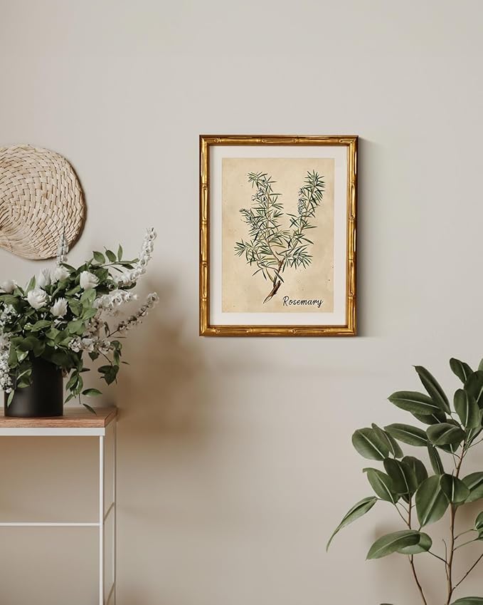 InSimSea Gold Bamboo Framed Canvas Wall Art, Retro Herbs Rosemary Botanical Paintings, Antique Vintage Picture Frame with Mat, Victorian Home Wall Decor for Living Room Kitchen Dining, 11x14inch