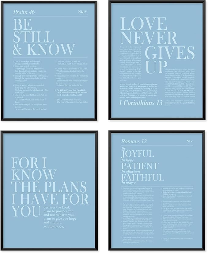 Locomiss Light Blue Christian Wall Art Decor, Modern Bible Verse Prints, Minimalist Jesus Scripture Wall Decor, Inspirational Bible Posters for Bedroom Office Living Room, Set of 4 (8x10 Unframed)
