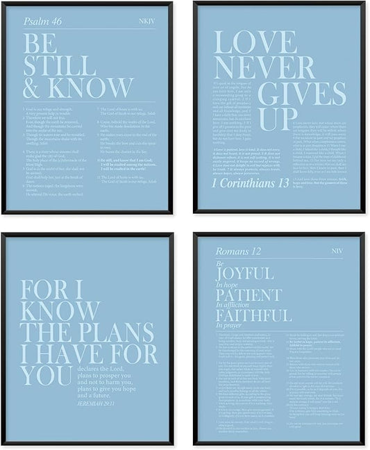 Locomiss Light Blue Christian Wall Art Decor, Modern Bible Verse Prints, Minimalist Jesus Scripture Wall Decor, Inspirational Bible Posters for Bedroom Office Living Room, Set of 4 (8x10 Unframed)