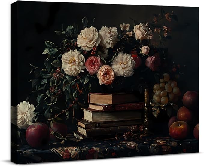 Vintage Books Flowers Wall Art Decor Dark Academia Canvas Print Poster Aesthetic Framed Painting Wall Decorations for Home Farmhouse Living Room Decor 8x10 Inch