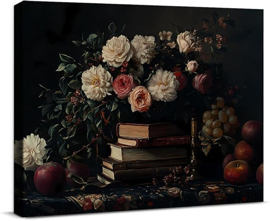 Vintage Books Flowers Wall Art Decor Dark Academia Canvas Print Poster Aesthetic Framed Painting Wall Decorations for Home Farmhouse Living Room Decor 8x10 Inch