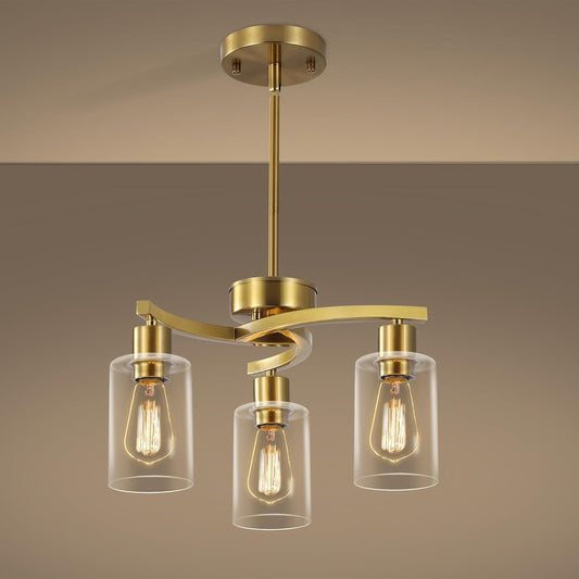 3-Light Gold Dining Room Chandeliers Over Table, Contemporary Kitchen Island Pendant Lighting, Industrial Hanging Light Fixture for Entryway Hallway Foyer Bedroom, Clear Glass Shade