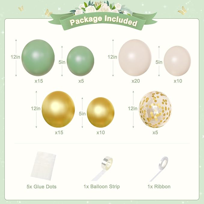 Sage Green Birthday Decorations with Happy Birthday Banner Sage Green Biege Gold Balloons Confetti Foil Balloons Gold Butterfly Fringe Curtains, Green Birthday Party Decorations for Women Girls
