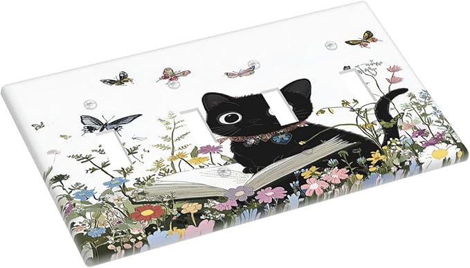Light Switch Covers Cute Cat Wildflowers Boho Flowers Floral Quad Toggle Electrical Faceplate 4 Gang Wall Plate Decorative Switch Plates For Nursery Kids Room Decor