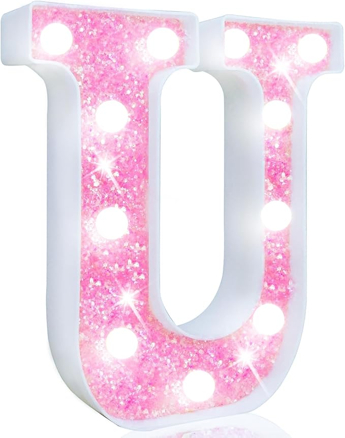 Pooqla LED Marquee Letter Lights, Light Up Pink Letters Glitter Letter Sign for Girls Gifts, Battery Powered for Night Light Birthday Party Wedding Home Bar Christmas Decoration, Cool White Pink U