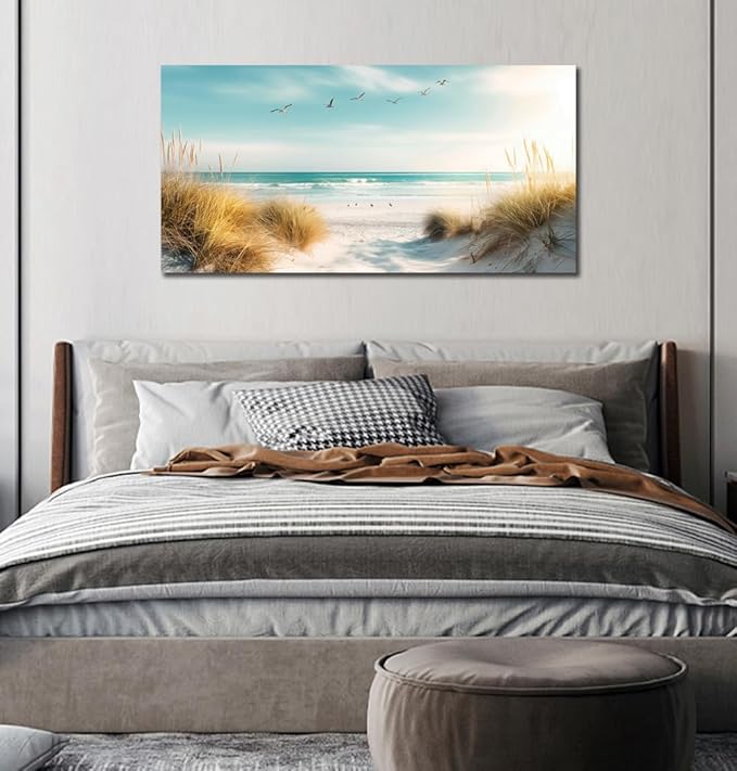 Beach Canvas Wall Art Decor Ocean Pictures Prints for Living Room Coastal Path Painting Seascape Artwork Sea Reeds Landscape for Bedroom Bathroom Home Office Decorations(20"*40")