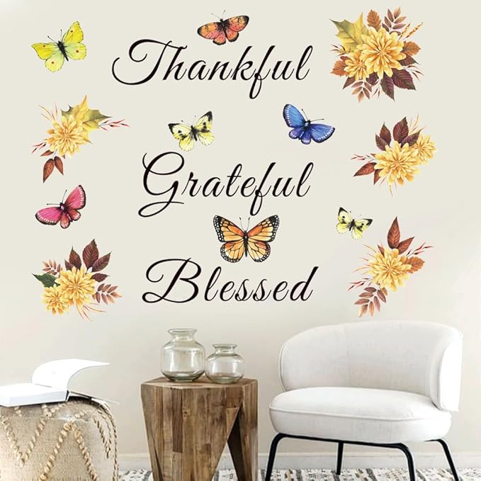 Inspirational Wall Decal Quote Grateful Thankful Blessed Wall Decor Removable Peel and Sticker Vinyl Wall Paper Wall Sticker for Kitchen Dining Room Living Room Bedroom.