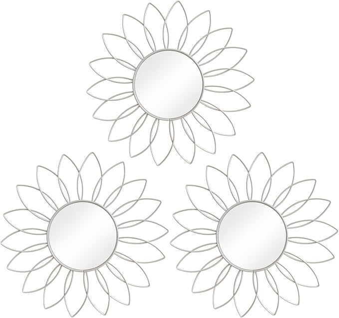 3 Pack Metal Mirrors for Wall Sunburst Wall Mirrors Home Décor Decorative Hanging Wall Art for Living Room Bedroom Entryway (White, Flowers)