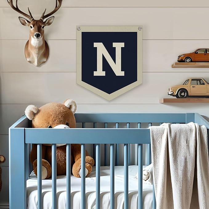 Lacama Toddler Boys Room Decor Name Pennant Flag Personalized Baby Gifts,Vintage Sports Baby Boy Nursery Wall Art,Name Sign for Toddler Bedroom Playroom Kidsroom,Baby Boy Gifts,Letter N 12x14 in SJQ