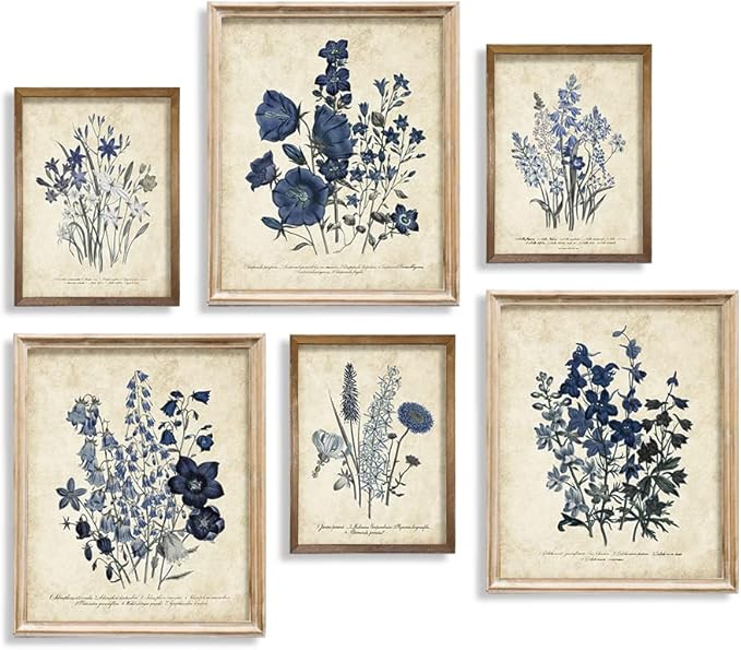 Watercolor Vintage Flower Poster Print 11x14 - Rustic Modern French Country Cottagecore Wall Art - Primitive Blue Magnolia Leaves Pictures Gallery Gift - Farmhouse Botanical Floral Kitchen Room Decor