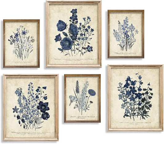 Watercolor Vintage Flower Poster Print 11x14 - Rustic Modern French Country Cottagecore Wall Art - Primitive Blue Magnolia Leaves Pictures Gallery Gift - Farmhouse Botanical Floral Kitchen Room Decor
