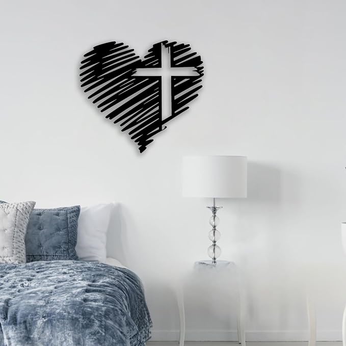 Heart Cross Metal Wall Decor - Elegant Minimalist Room Decor Love Wall Art Home Decor for Living Room, Bedroom, Dining Room, Bathroom, Office (Black)