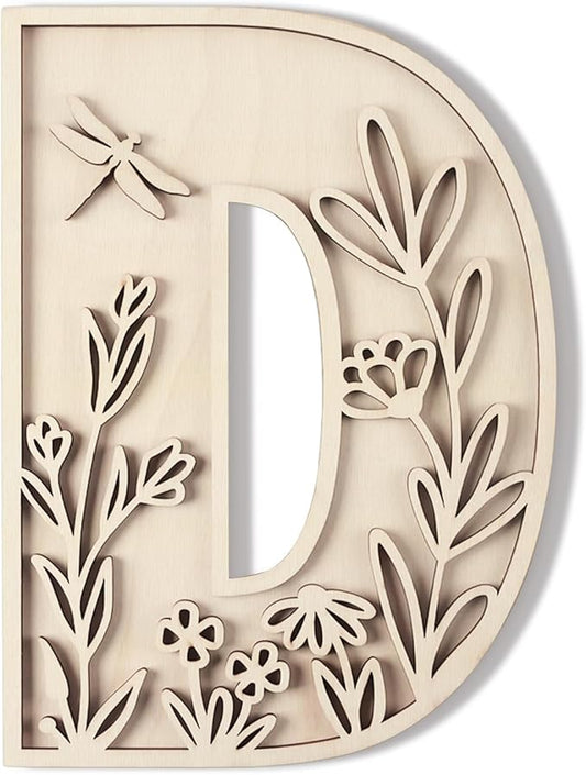 Layered 12 Inch Large Wooden Letters for Wall Decor, Flowered Paintable Wooden Nursery Letters for Crafts Wood Alphabet Letter D for Birthday Boho Nursery Name Sign Wedding Home Decoration