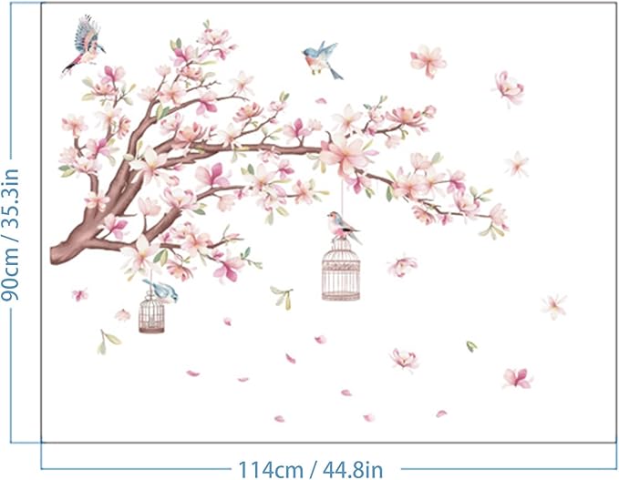 Cherry Blossom Flowers Wall Decals Decor Vinyl Stickers, Magnolia Floral Tree Branch Birds Wall Art Murals, Flower Pattern Wall Stickers for Girls Bedroom Living Room Nursery Decor