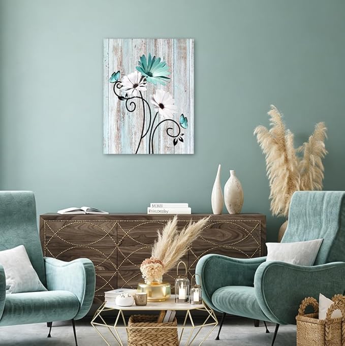 HVEST Teal Daisy Wall Art Vintage Flower and Butterfly on Rustic Wooden Abstract Painting Farmhouse Plant Wall Art for Bathroom Living Room Bedroom Kitchen Decor Ready to Hang, 16Lx12W Inches