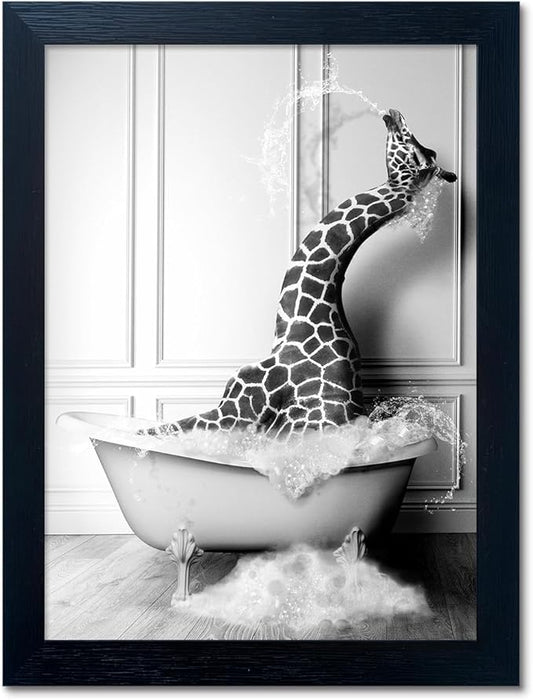Framed Animal Bathroom Wall Art Black and White Canvas Wall Art Funny Giraffe in Bathtub Print Farmhouse Painting Kids Bathroom Decor